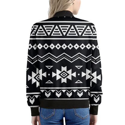 Black And White Aztec Pattern Print Women's Bomber Jacket