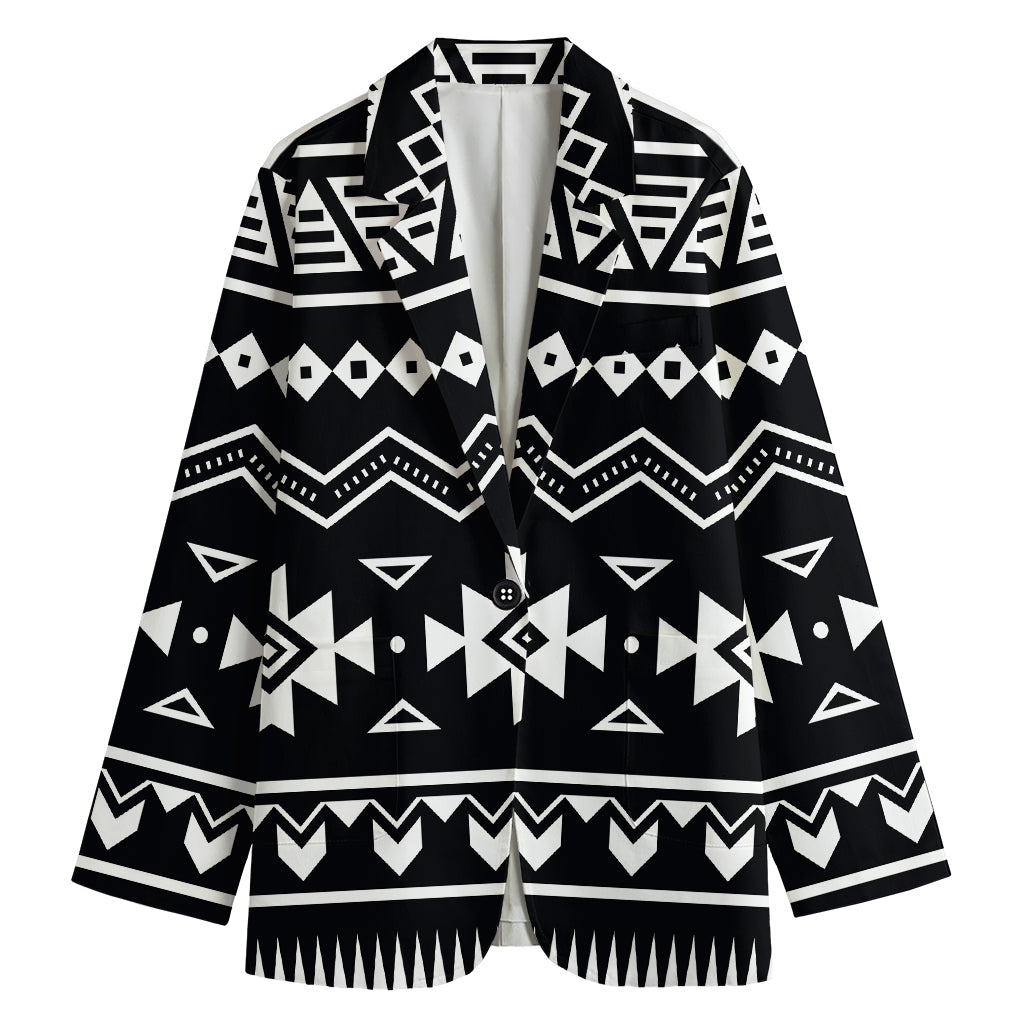 Black And White Aztec Pattern Print Women's Cotton Blazer