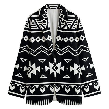 Black And White Aztec Pattern Print Women's Cotton Blazer