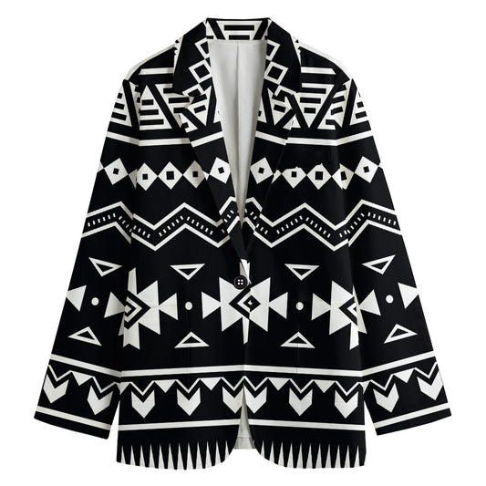 Black And White Aztec Pattern Print Women's Cotton Blazer
