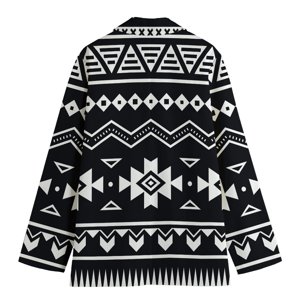 Black And White Aztec Pattern Print Women's Cotton Blazer