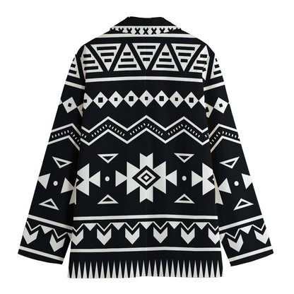 Black And White Aztec Pattern Print Women's Cotton Blazer