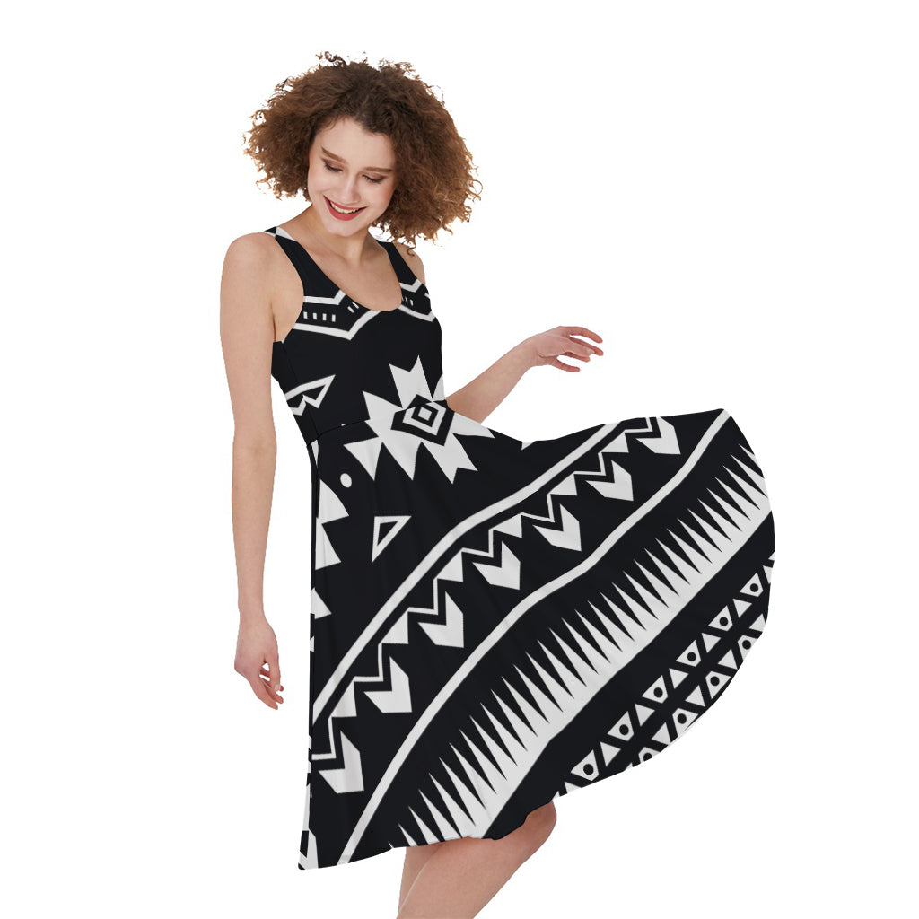 Black And White Aztec Pattern Print Women's Sleeveless Dress