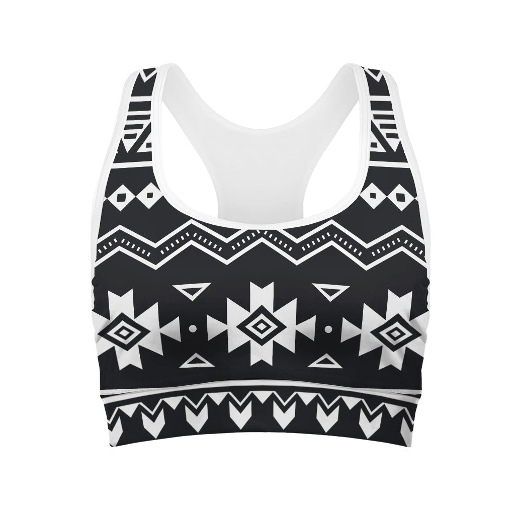 Black And White Aztec Pattern Print Women's Sports Bra