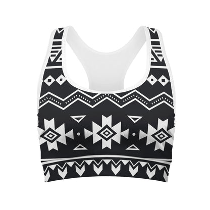Black And White Aztec Pattern Print Women's Sports Bra