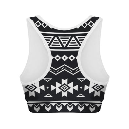 Black And White Aztec Pattern Print Women's Sports Bra