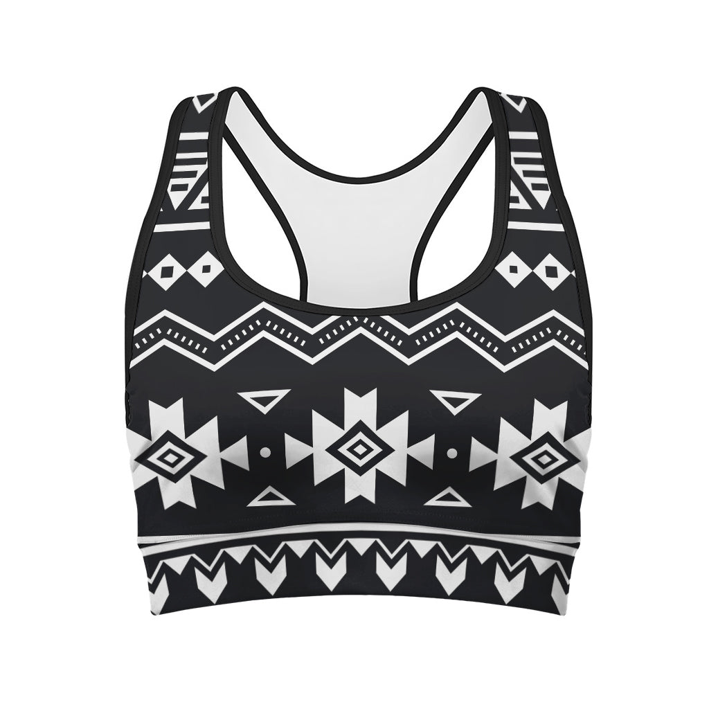 Black And White Aztec Pattern Print Women's Sports Bra