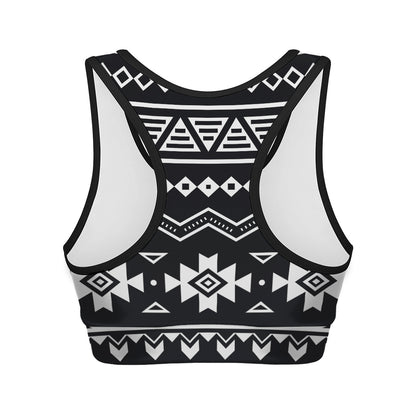 Black And White Aztec Pattern Print Women's Sports Bra