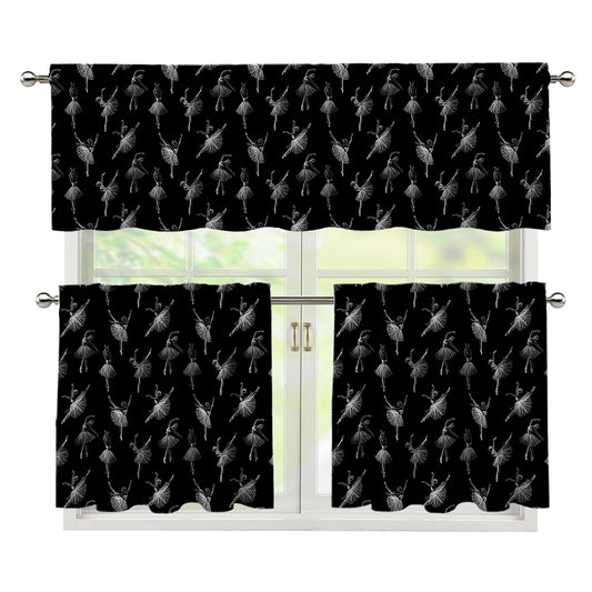 Black And White Ballet Pattern Print 3 Piece Kitchen Curtains