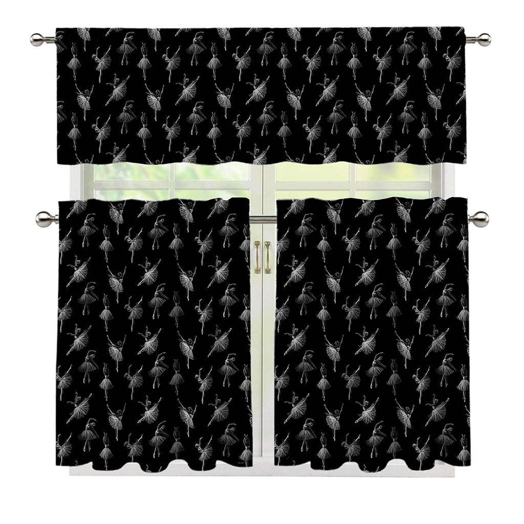Black And White Ballet Pattern Print 3 Piece Kitchen Curtains