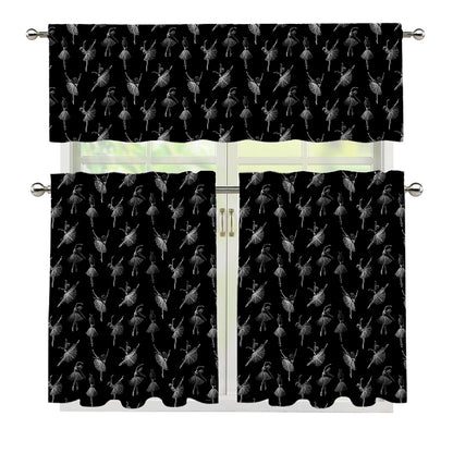 Black And White Ballet Pattern Print 3 Piece Kitchen Curtains
