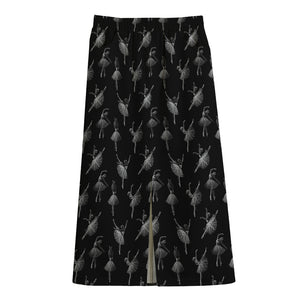 Black And White Ballet Pattern Print Cotton Front Slit Maxi Skirt