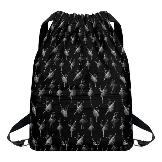 Black And White Ballet Pattern Print Drawstring Backpack