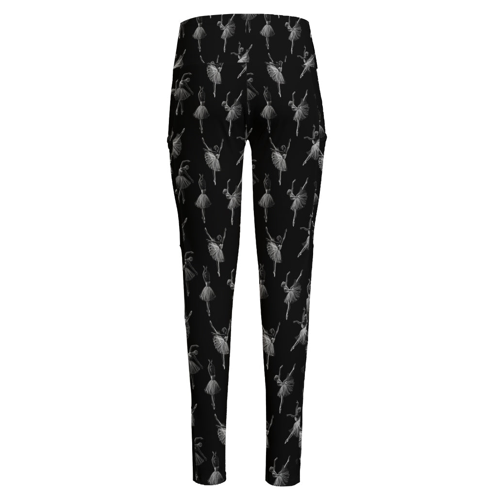 Black And White Ballet Pattern Print High-Waisted Pocket Leggings