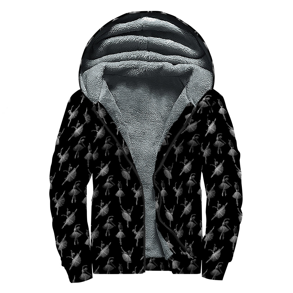 Black And White Ballet Pattern Print Sherpa Lined Zip Up Hoodie