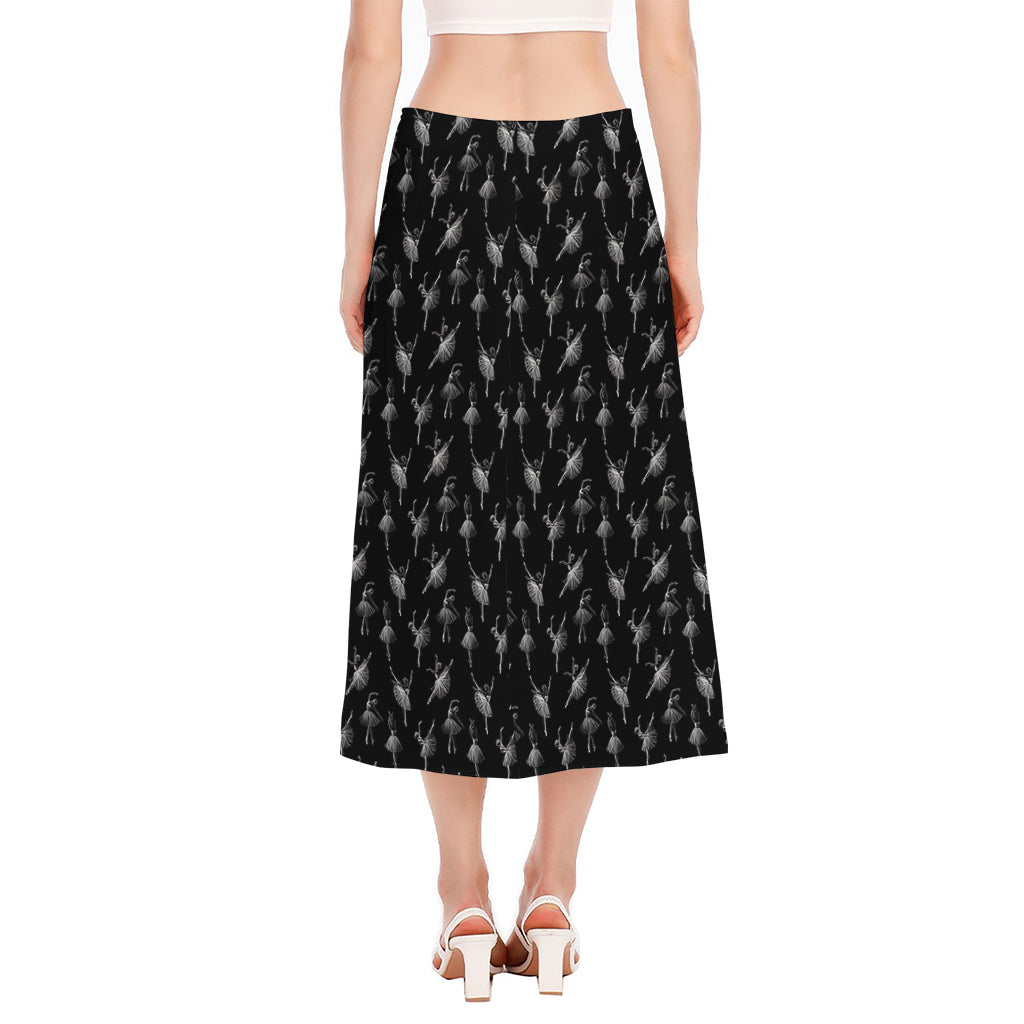 Black And White Ballet Pattern Print Side Slit Midi Skirt