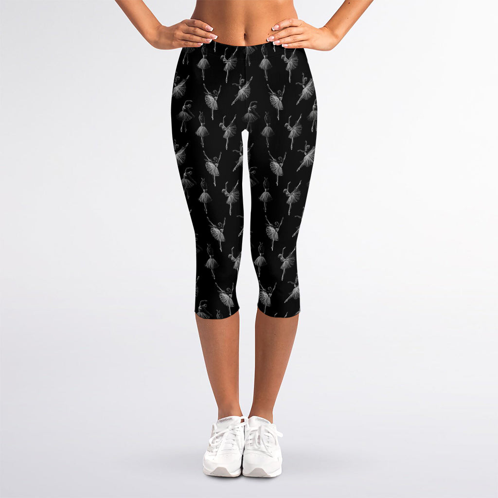 Black And White Ballet Pattern Print Women's Capri Leggings