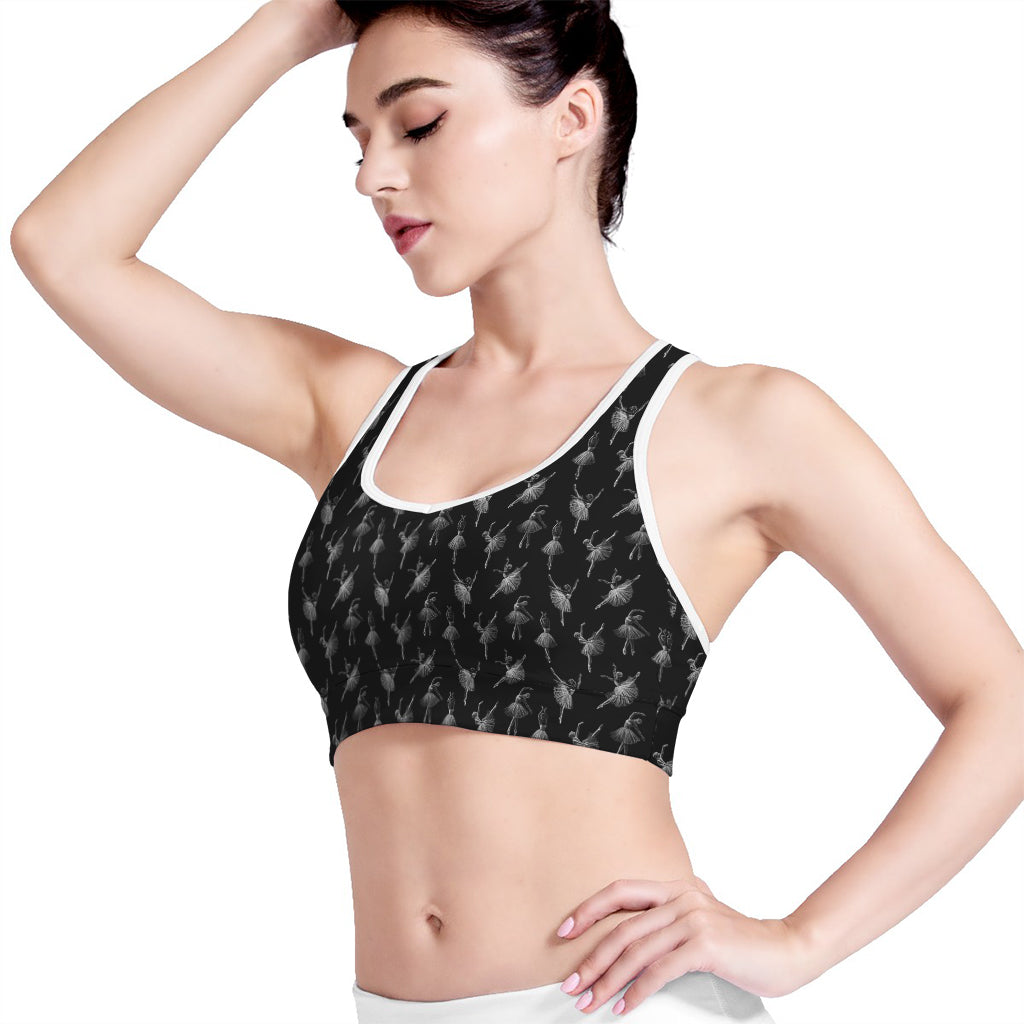 Black And White Ballet Pattern Print Women's Sports Bra