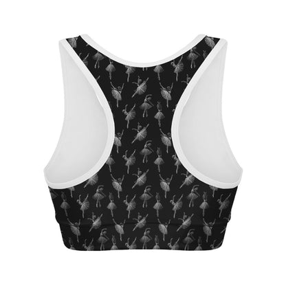 Black And White Ballet Pattern Print Women's Sports Bra