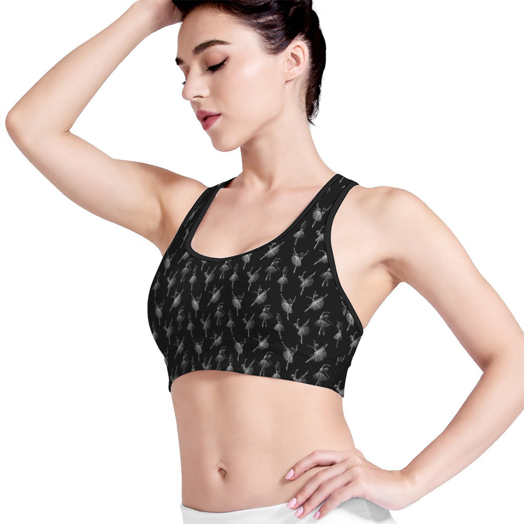 Black And White Ballet Pattern Print Women's Sports Bra