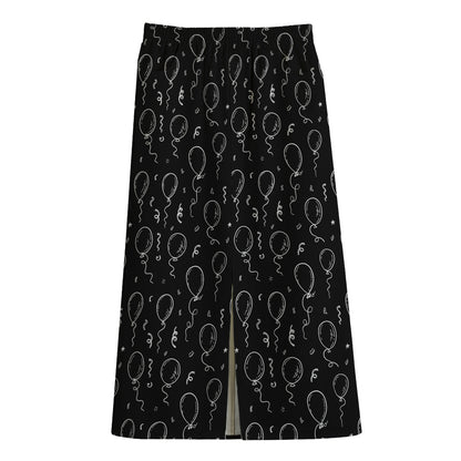 Black And White Balloon Pattern Print Cotton Front Slit Maxi Skirt