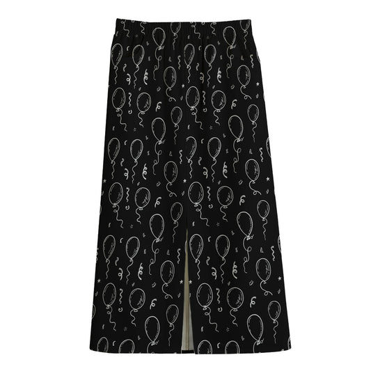 Black And White Balloon Pattern Print Cotton Front Slit Maxi Skirt