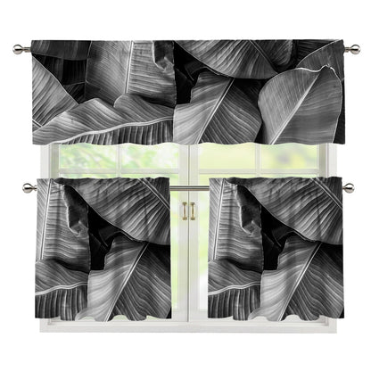 Black And White Banana Leaf Print 3 Piece Kitchen Curtains
