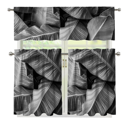 Black And White Banana Leaf Print 3 Piece Kitchen Curtains