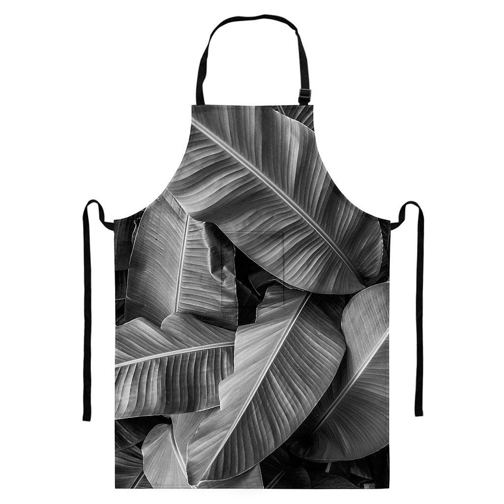 Black And White Banana Leaf Print Bib Apron With Pocket