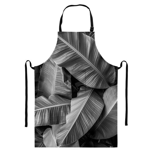 Black And White Banana Leaf Print Bib Apron With Pocket