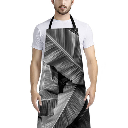Black And White Banana Leaf Print Bib Apron With Pocket