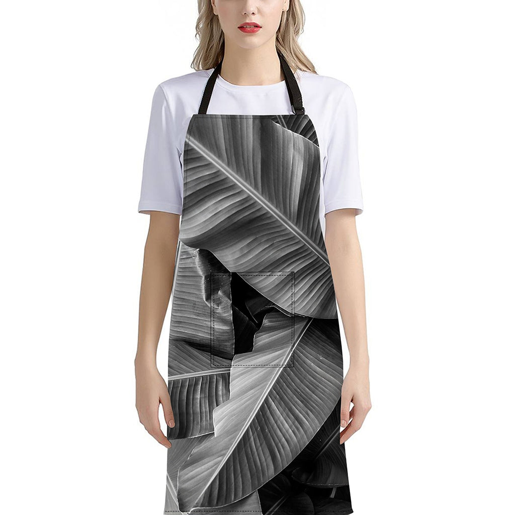 Black And White Banana Leaf Print Bib Apron With Pocket