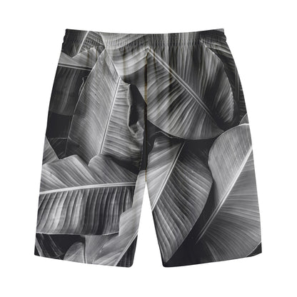 Black And White Banana Leaf Print Cotton Shorts