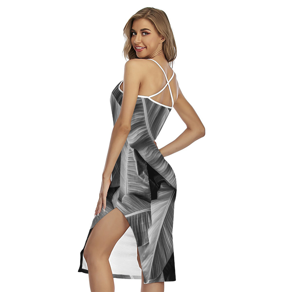 Black And White Banana Leaf Print Cross Back Cami Dress