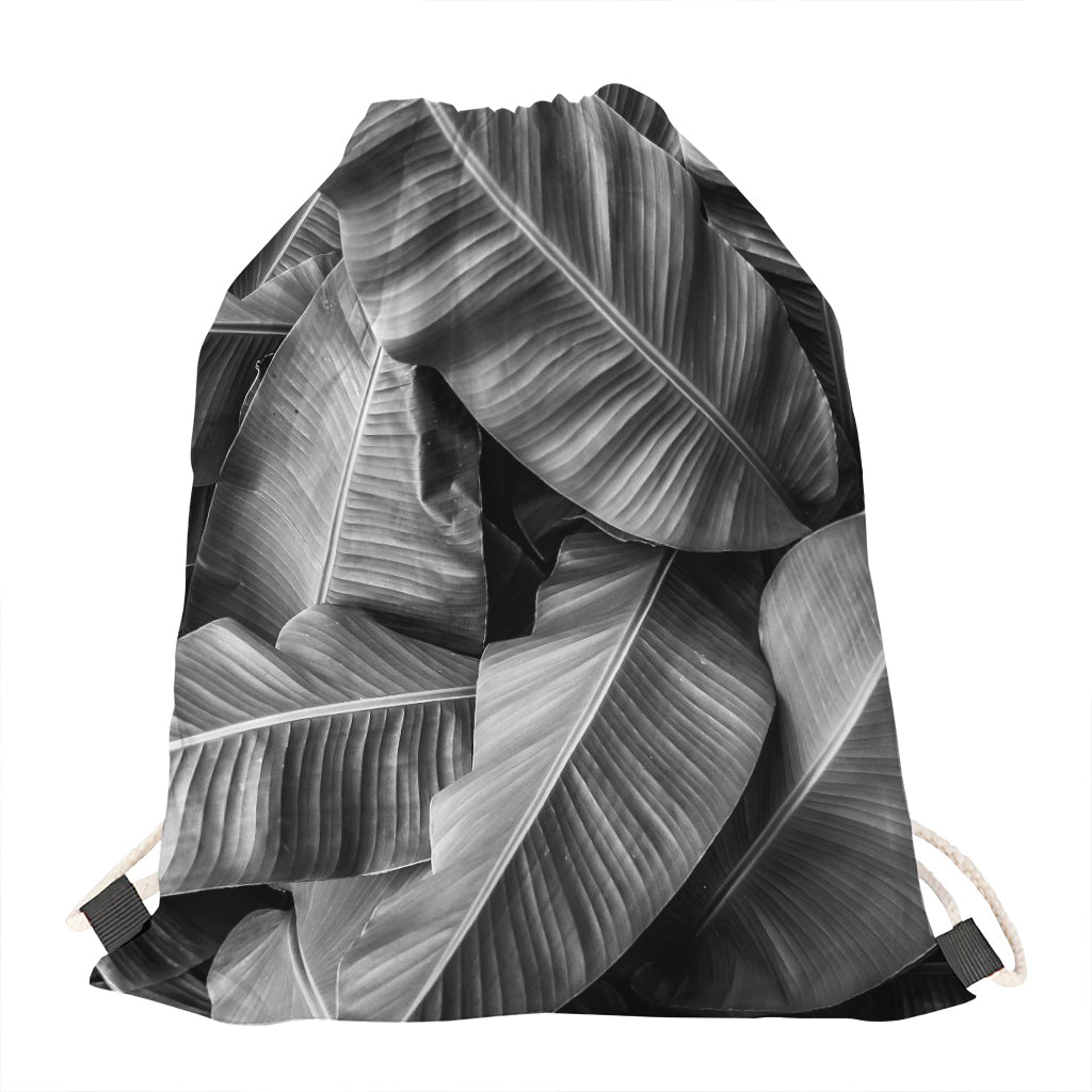Black And White Banana Leaf Print Drawstring Bag