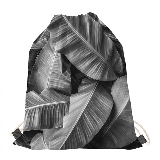 Black And White Banana Leaf Print Drawstring Bag