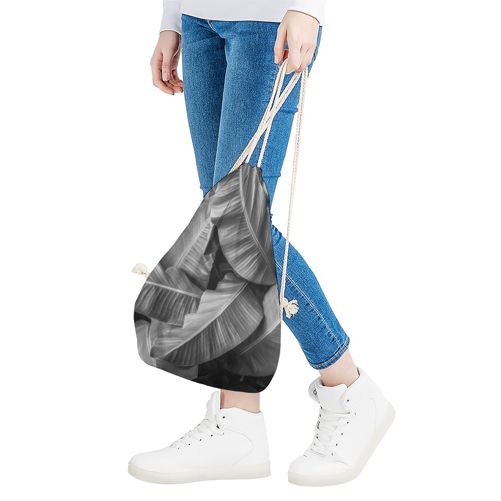 Black And White Banana Leaf Print Drawstring Bag