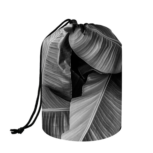Black And White Banana Leaf Print Drawstring Makeup Bag