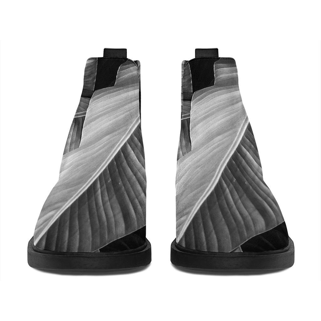 Black And White Banana Leaf Print Flat Ankle Boots