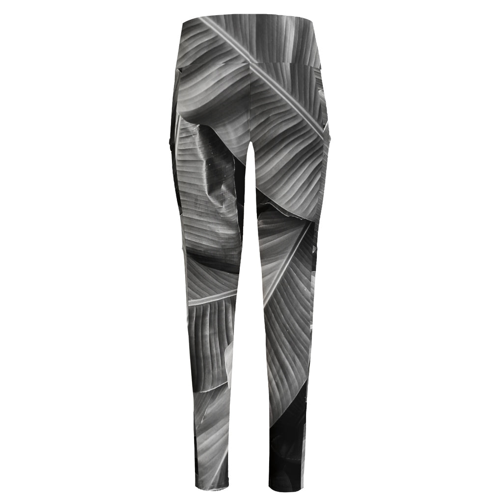 Black And White Banana Leaf Print High-Waisted Pocket Leggings