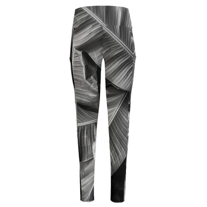 Black And White Banana Leaf Print High-Waisted Pocket Leggings