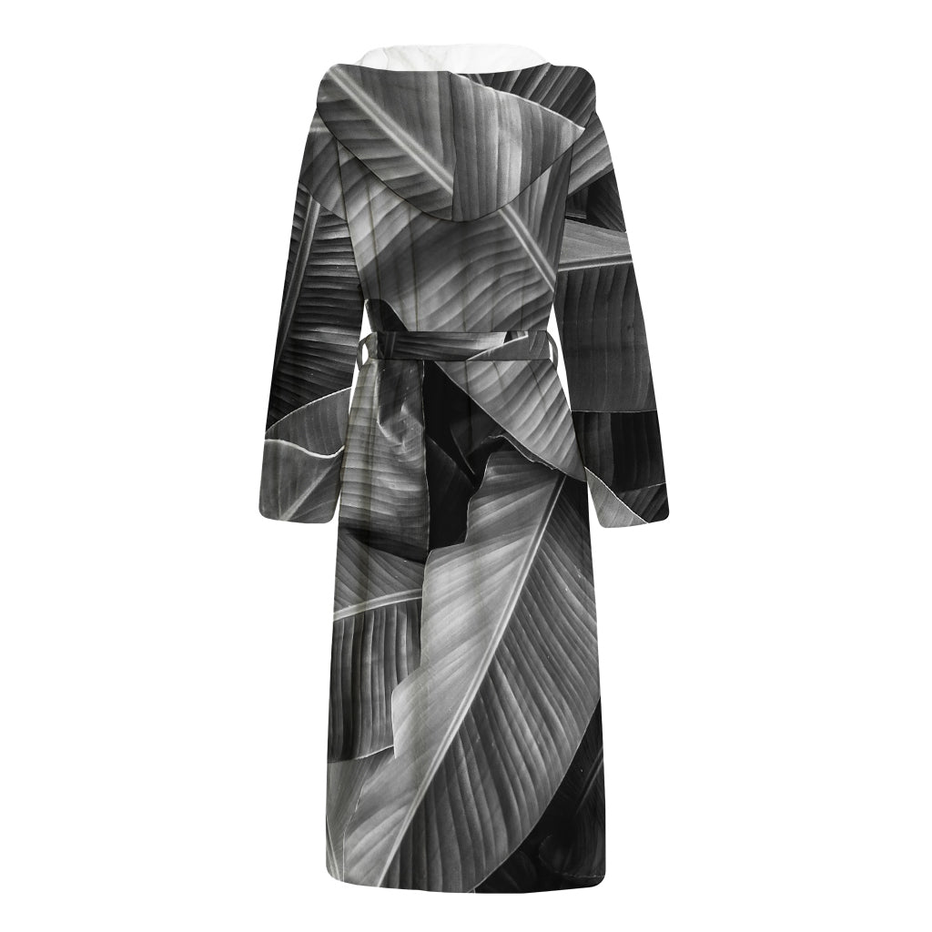 Black And White Banana Leaf Print Hooded Bathrobe