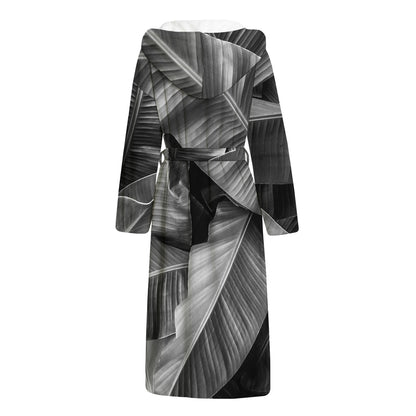 Black And White Banana Leaf Print Hooded Bathrobe