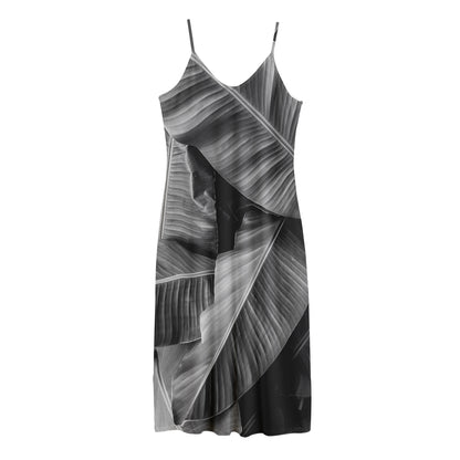 Black And White Banana Leaf Print Jersey Midi Cami Dress