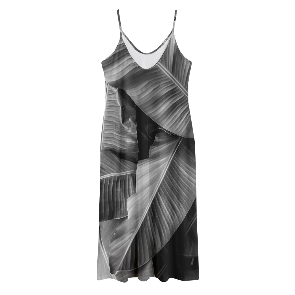 Black And White Banana Leaf Print Jersey Midi Cami Dress