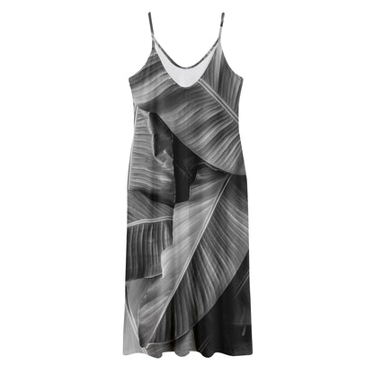 Black And White Banana Leaf Print Jersey Midi Cami Dress