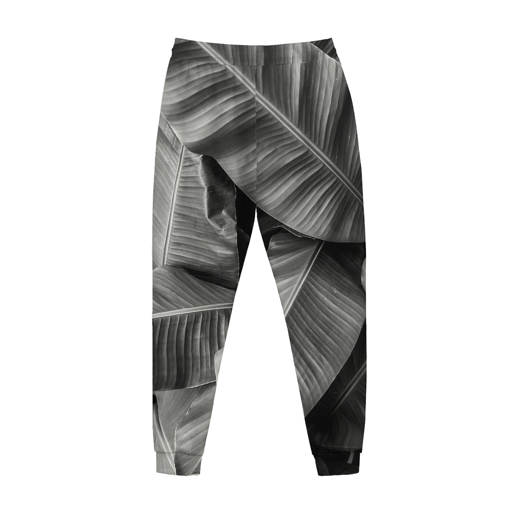 Black And White Banana Leaf Print Jogger Pants