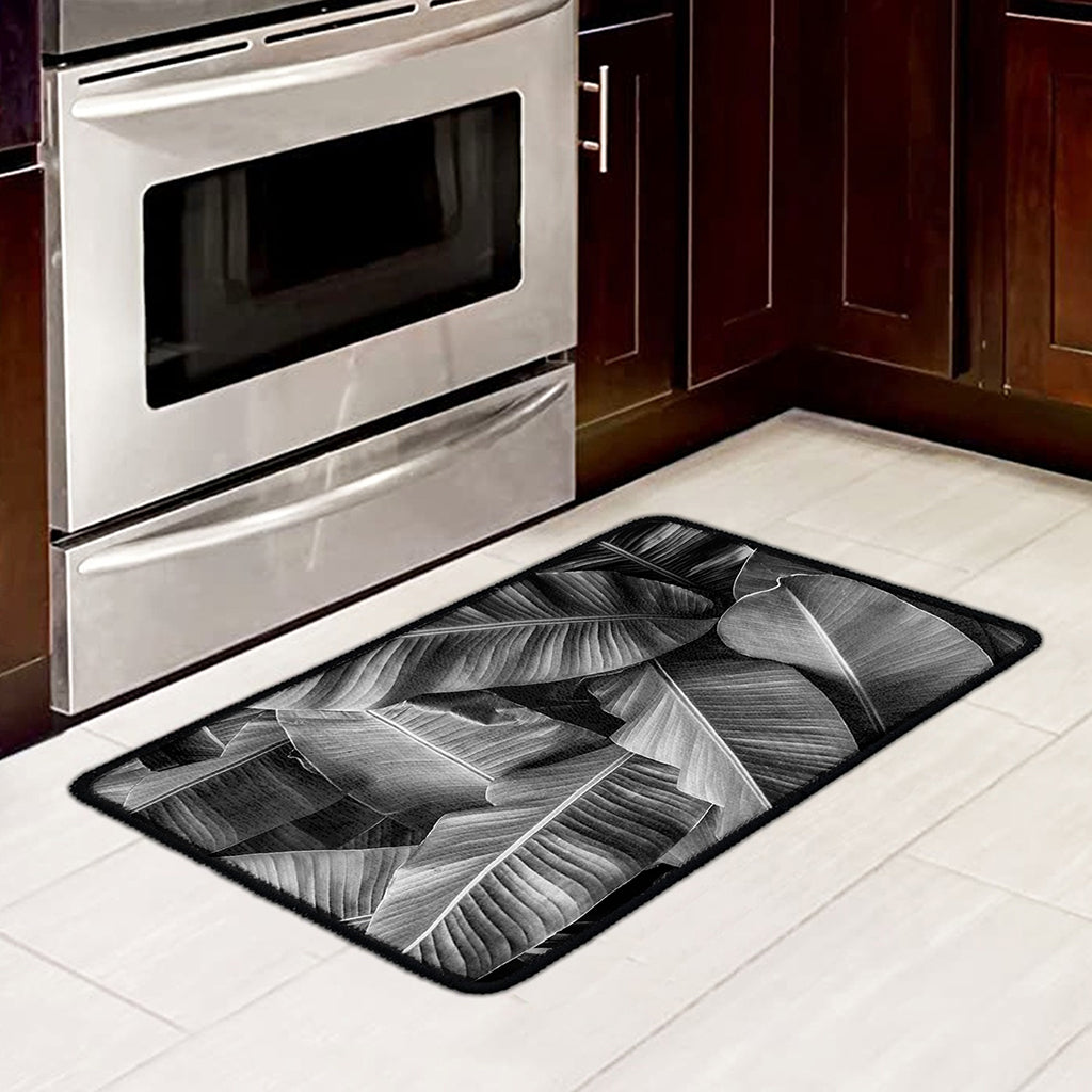 Black And White Banana Leaf Print Kitchen Mat
