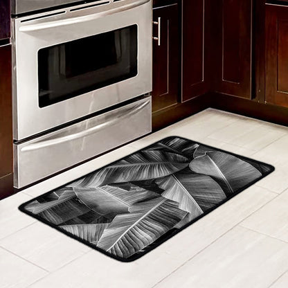 Black And White Banana Leaf Print Kitchen Mat