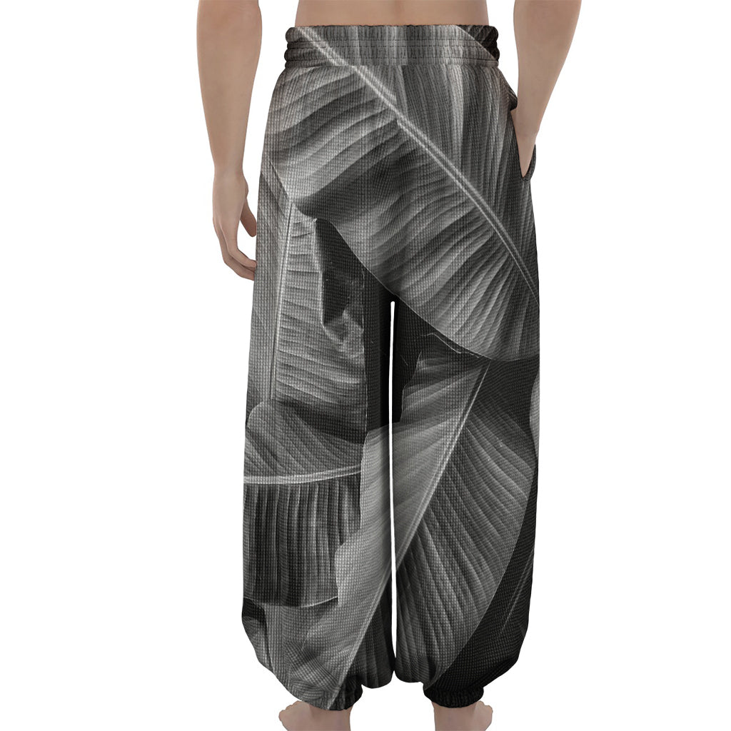 Black And White Banana Leaf Print Lantern Pants